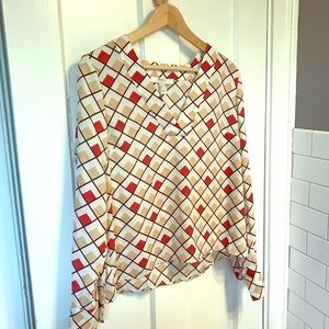 Forever 21 red tan white V-neck blouse long sleeve